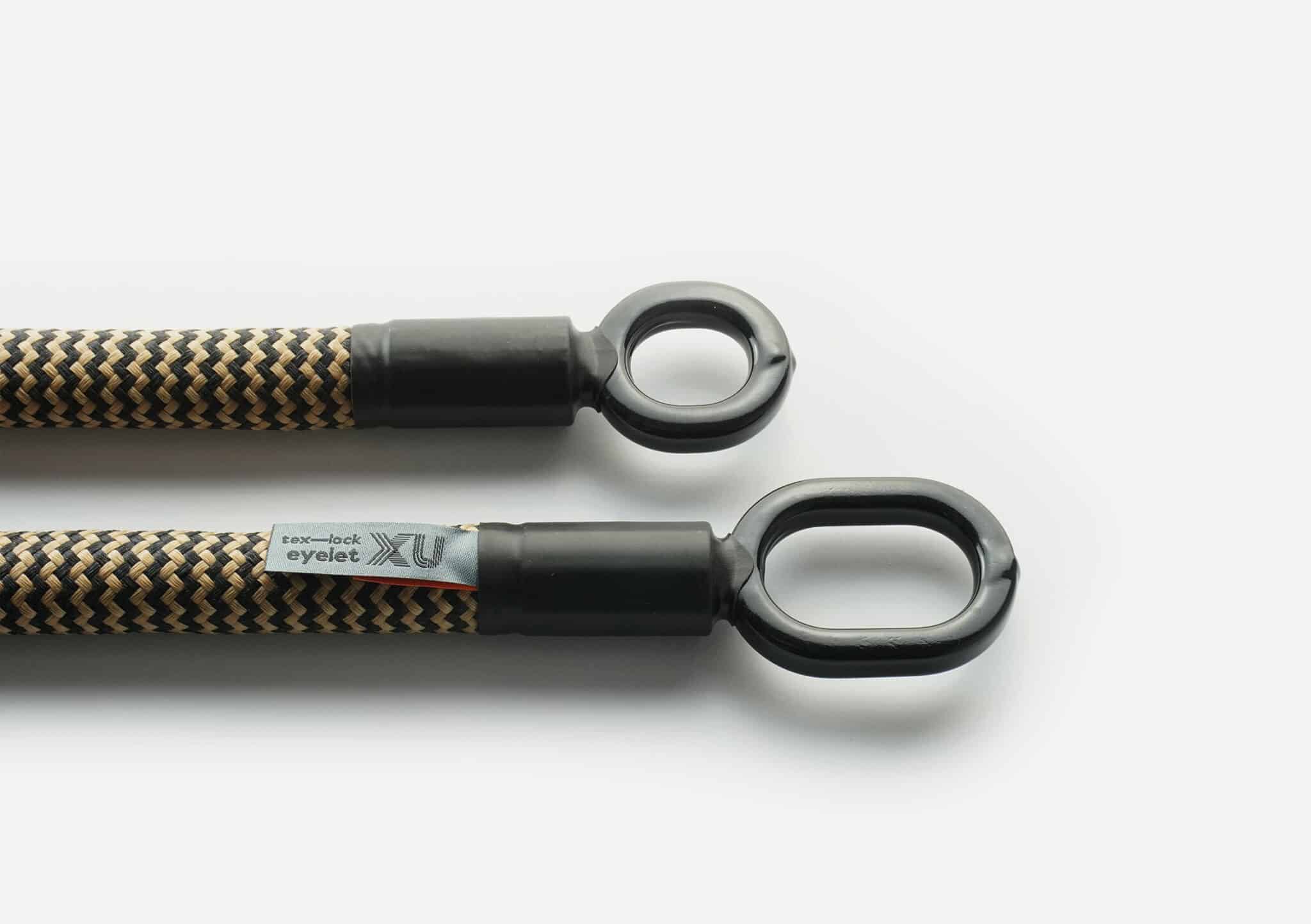 tex–lock eyelet in wild hemp mit kleiner runder und großer ovaler, vollständig gummierter Metallöse