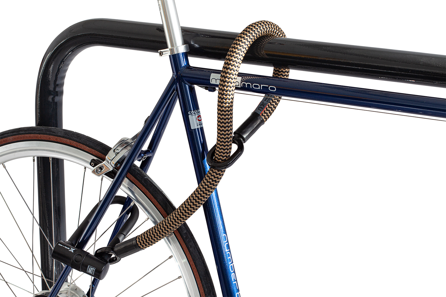 Flexible Bügelschloss-Verlängerung tex-lock eyelet gold S mit X-Lock sichert Hinterrad und Rahmen an Fahrradständer