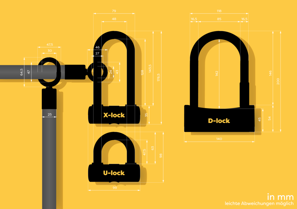 Bemaßung des tex–lock eyelet Textilseil mit Metallösen und U-lock, X-lock und D-lock