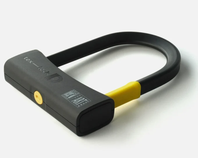 D-lock U-lock in black and yellow tex-lock design against a white background