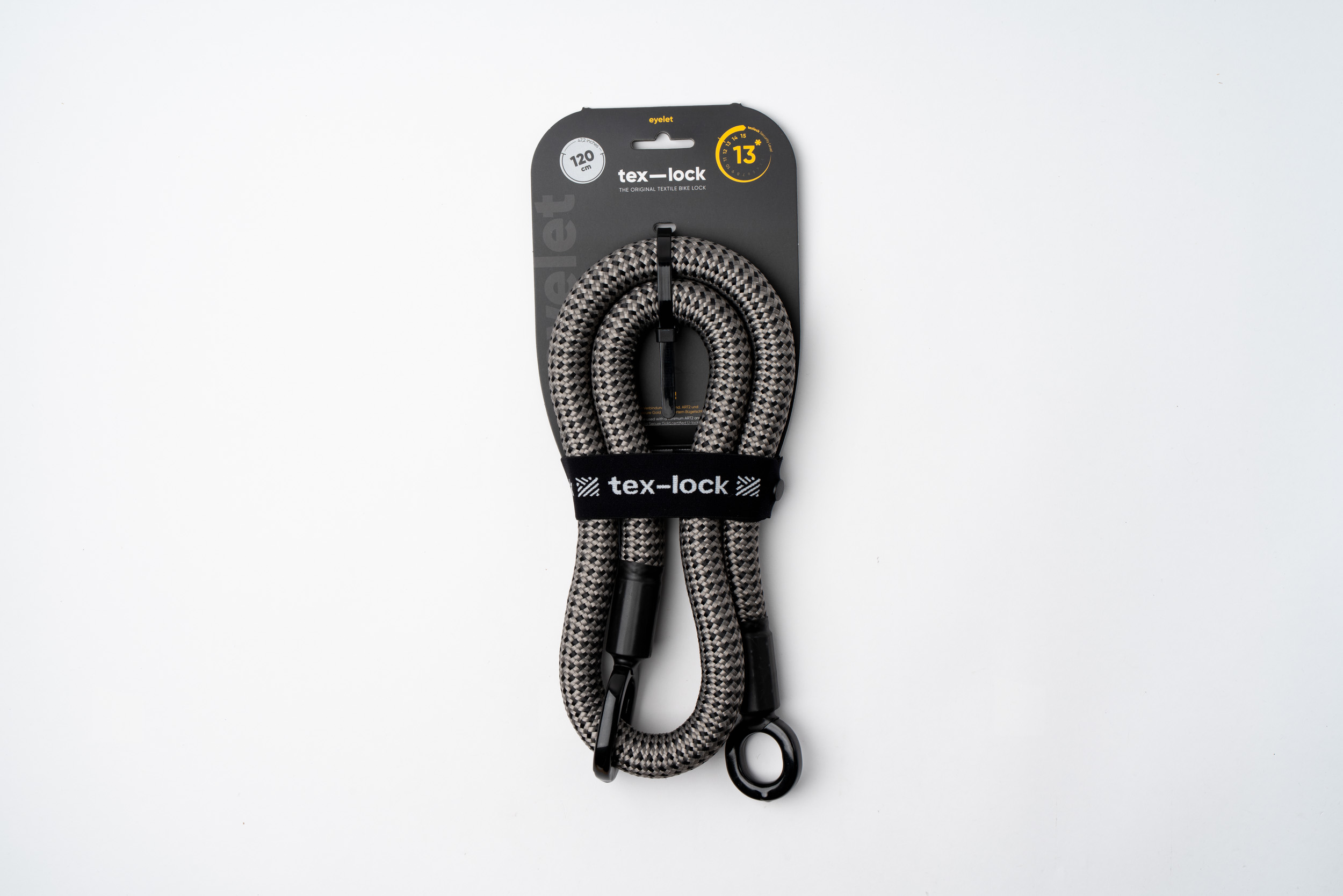 zwart-grijs texlock eyelet touw textielslot in verpakking