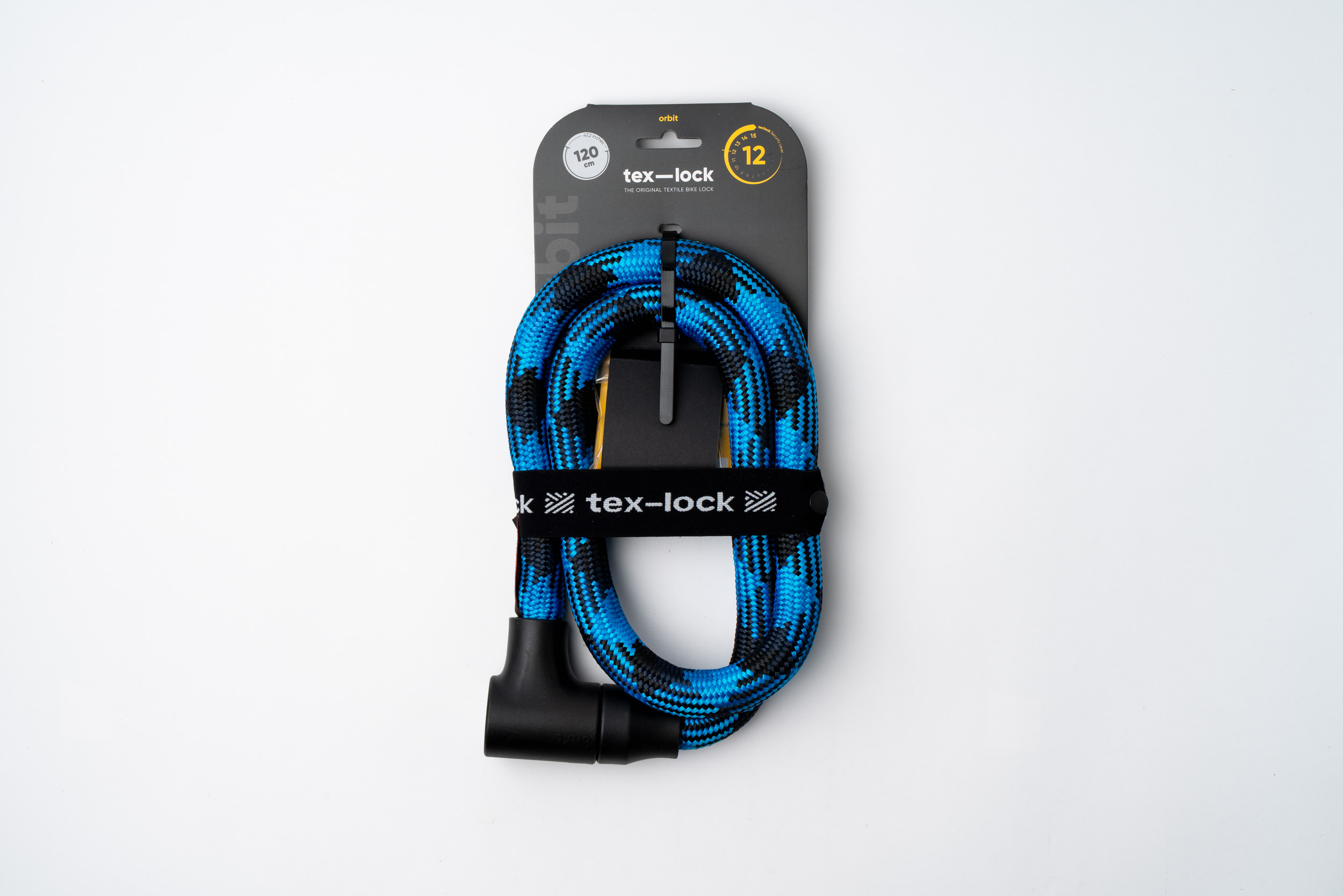 schwarz-blaues texlock orbit Textilschloss in Verpackung