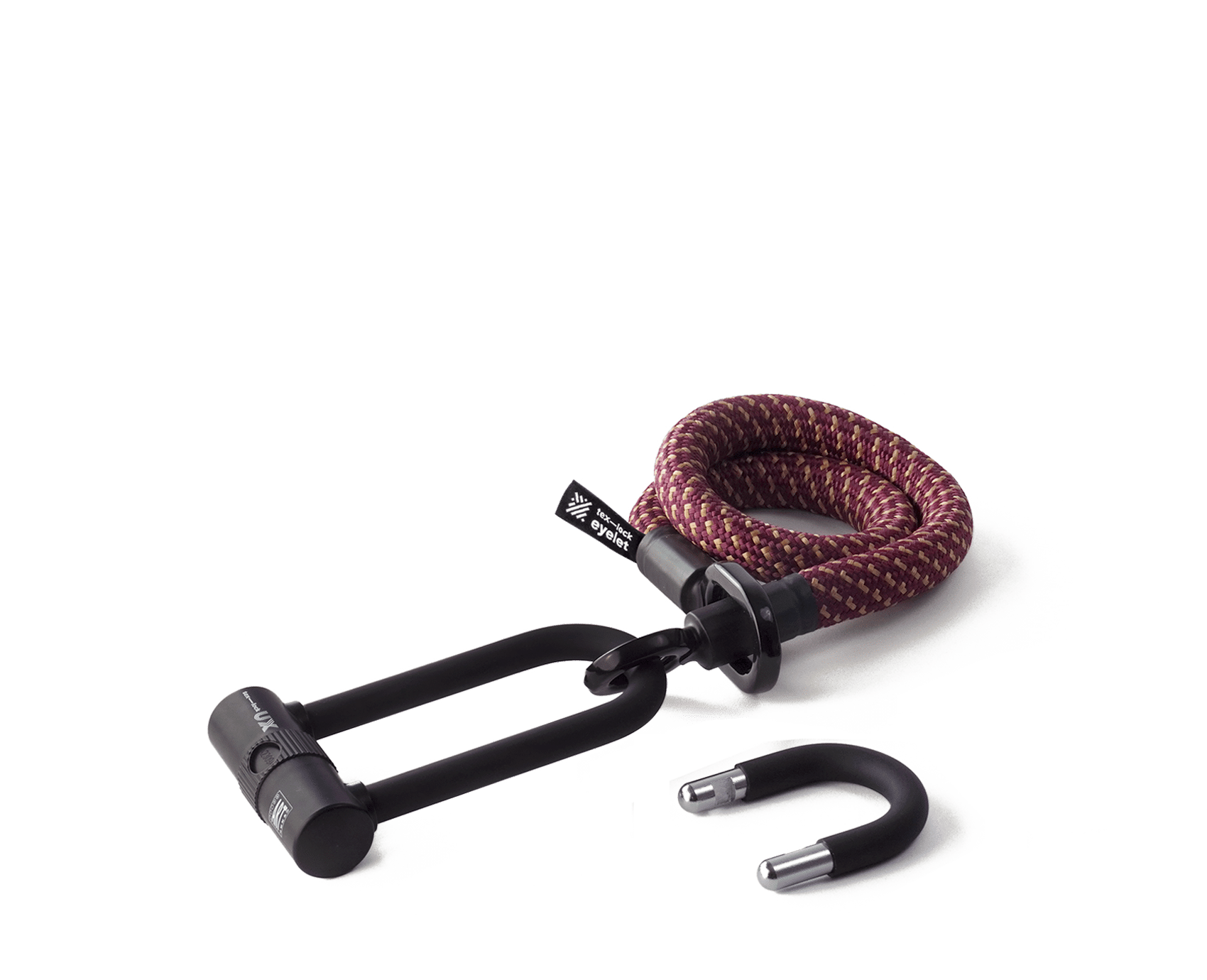 tex–lock eyelet in chateau red, Größe 100 cm, ineinander gewickelt mit X-lock am Seilende, kürzerer U-lock Bügel daneben